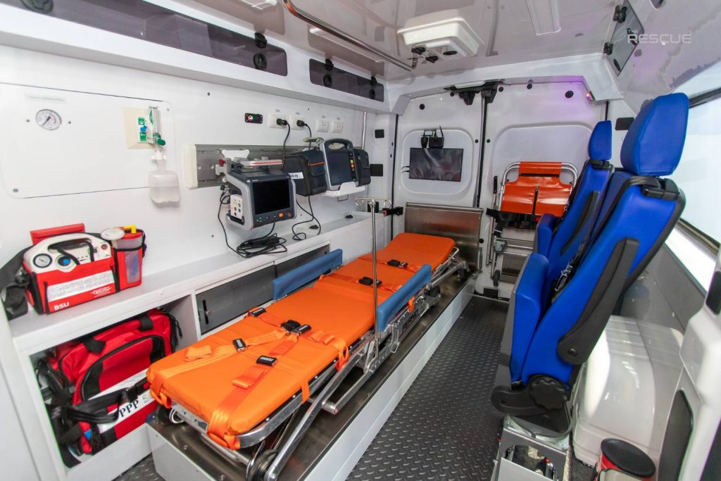 Rear facing view of patient area in ambulance